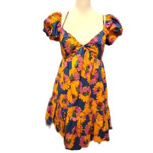 Moodie Sweet Floral Mini Dress, Puff Sleeves & Adjustable Straps, M